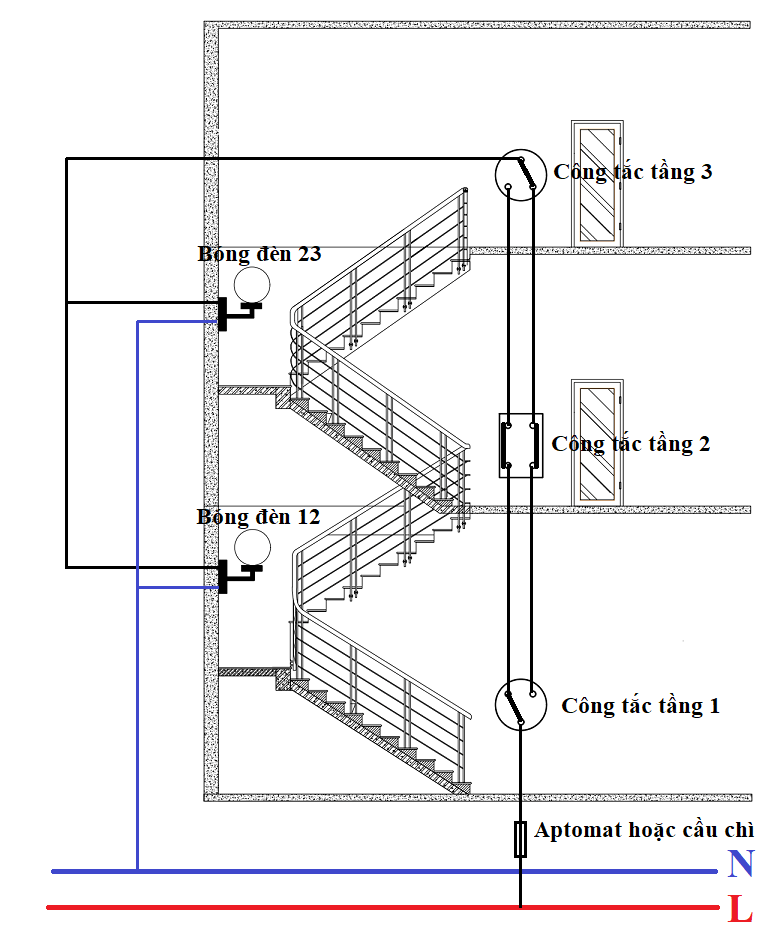 Sơ đồ mạch điện cầu thang 2/3/4/5/n tầng || KHS247